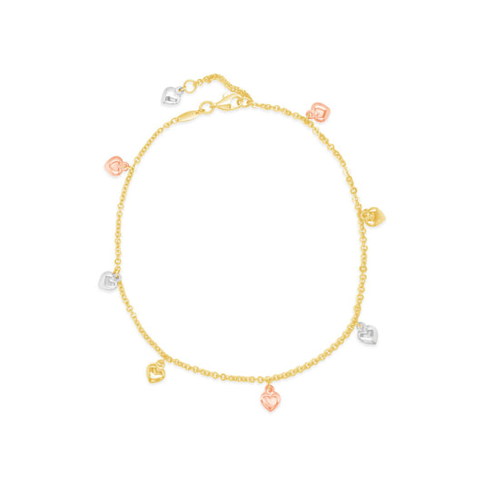 14K Tri-Color Gold Dangling Heart Charm Anklet