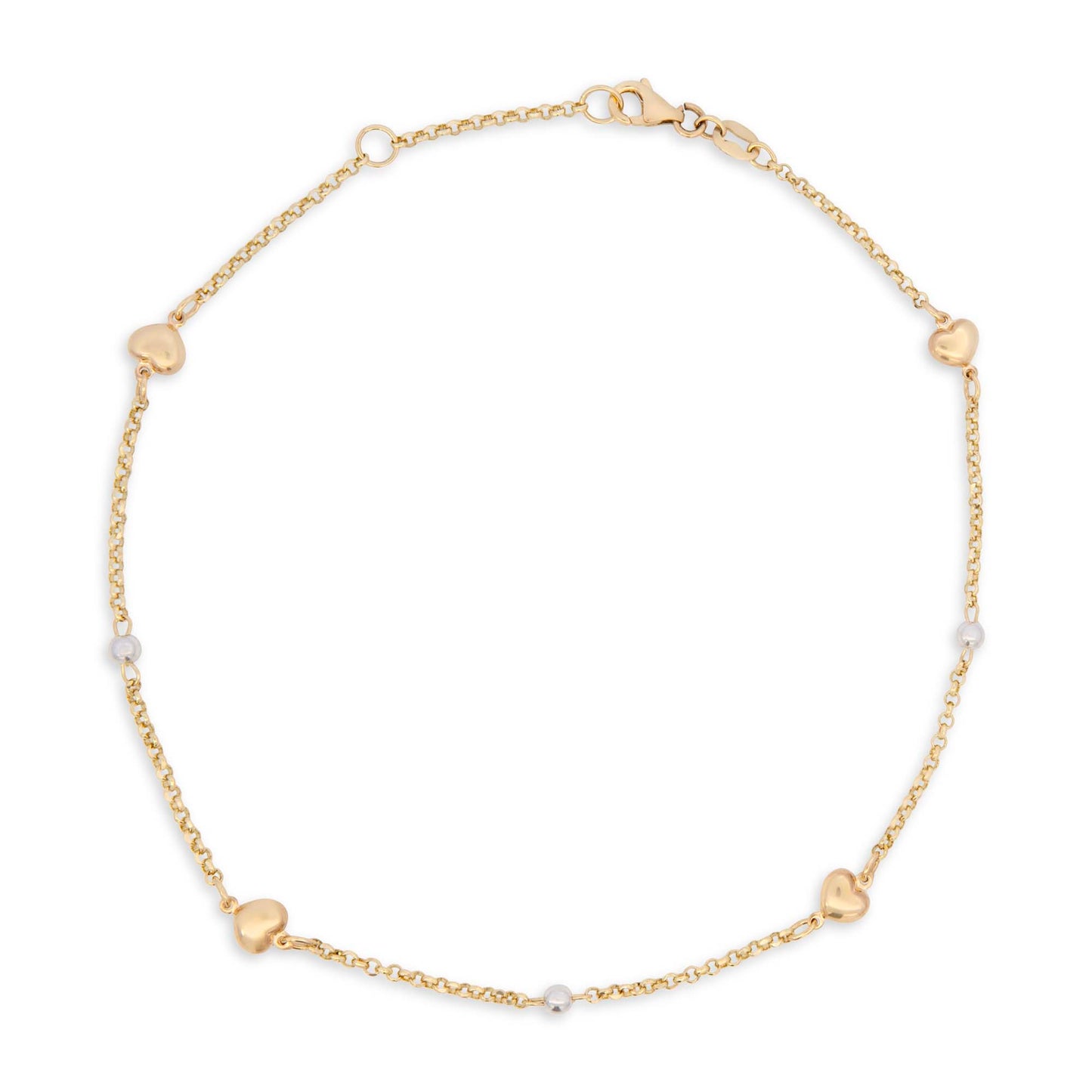 14K Two-Tones Gold Heart & Bead Station Anklet
