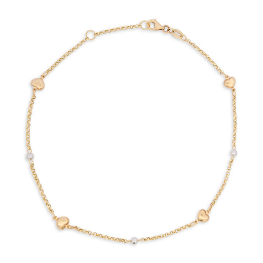 14K Two-Tones Gold Heart & Bead Station Anklet