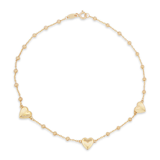 14K Yellow Gold Heart & Beaded Station Anklet