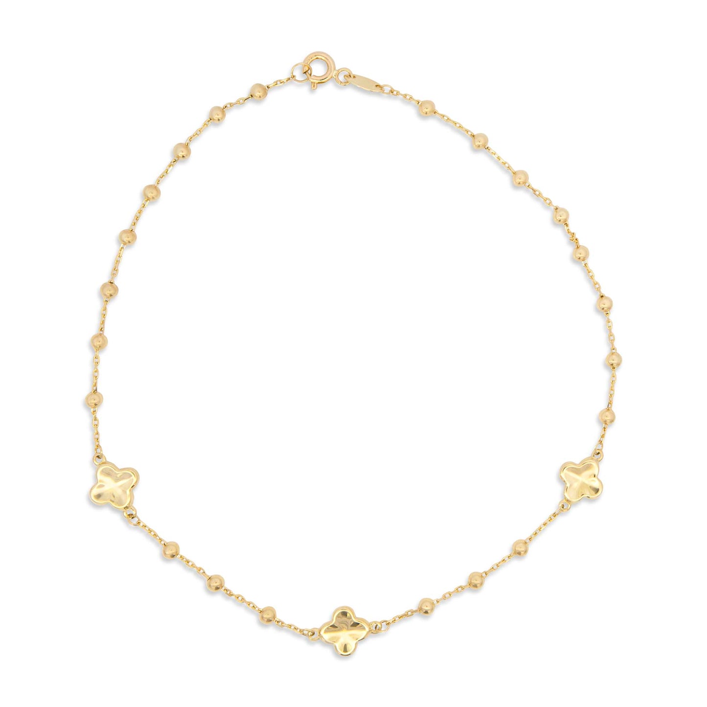 14K Yellow Gold Clover & Beaded Station Anklet