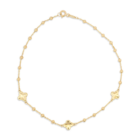 14K Yellow Gold Clover & Beaded Station Anklet