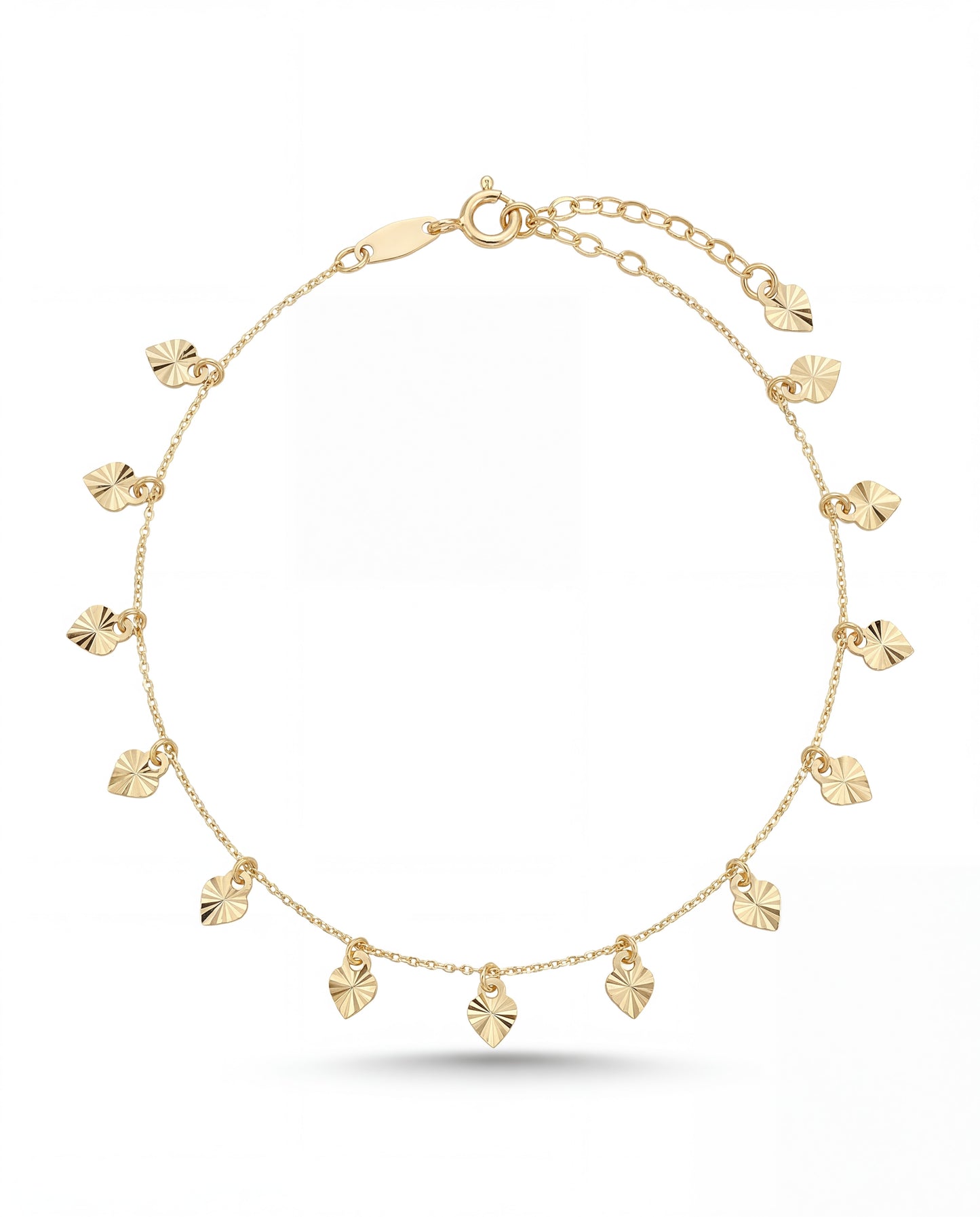 14K Yellow Gold Diamond Cut Dangle Hearts Anklet