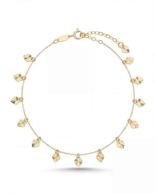 14K Yellow Gold Diamond Cut Dangle Hearts Anklet