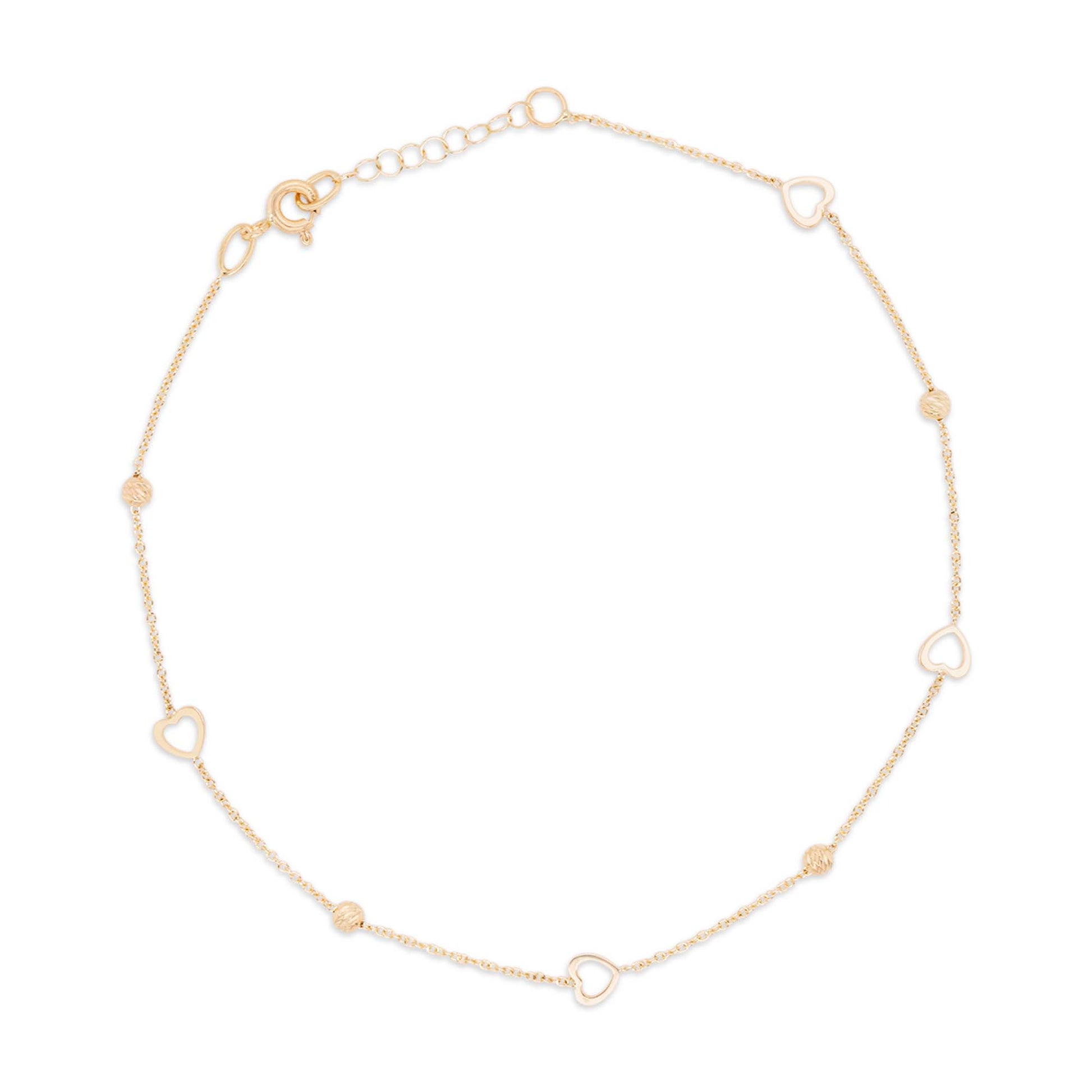 14K Yellow Gold Open Heart & Bead Station Anklet