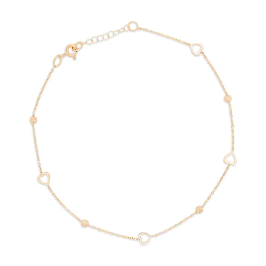 14K Yellow Gold Open Heart & Bead Station Anklet