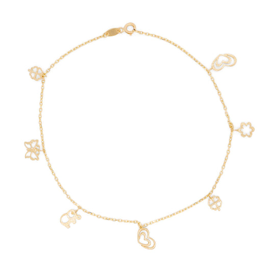14K Yellow Gold Dangling Openwork Multi-Charm Anklet