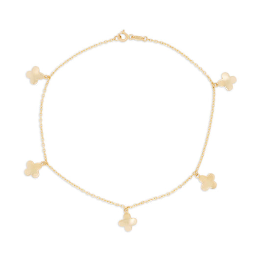 14K Yellow Gold Dangling Clover Anklet