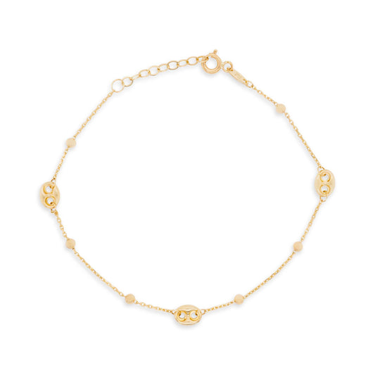 14K Yellow Gold Marina Puff & Bead Station Anklet