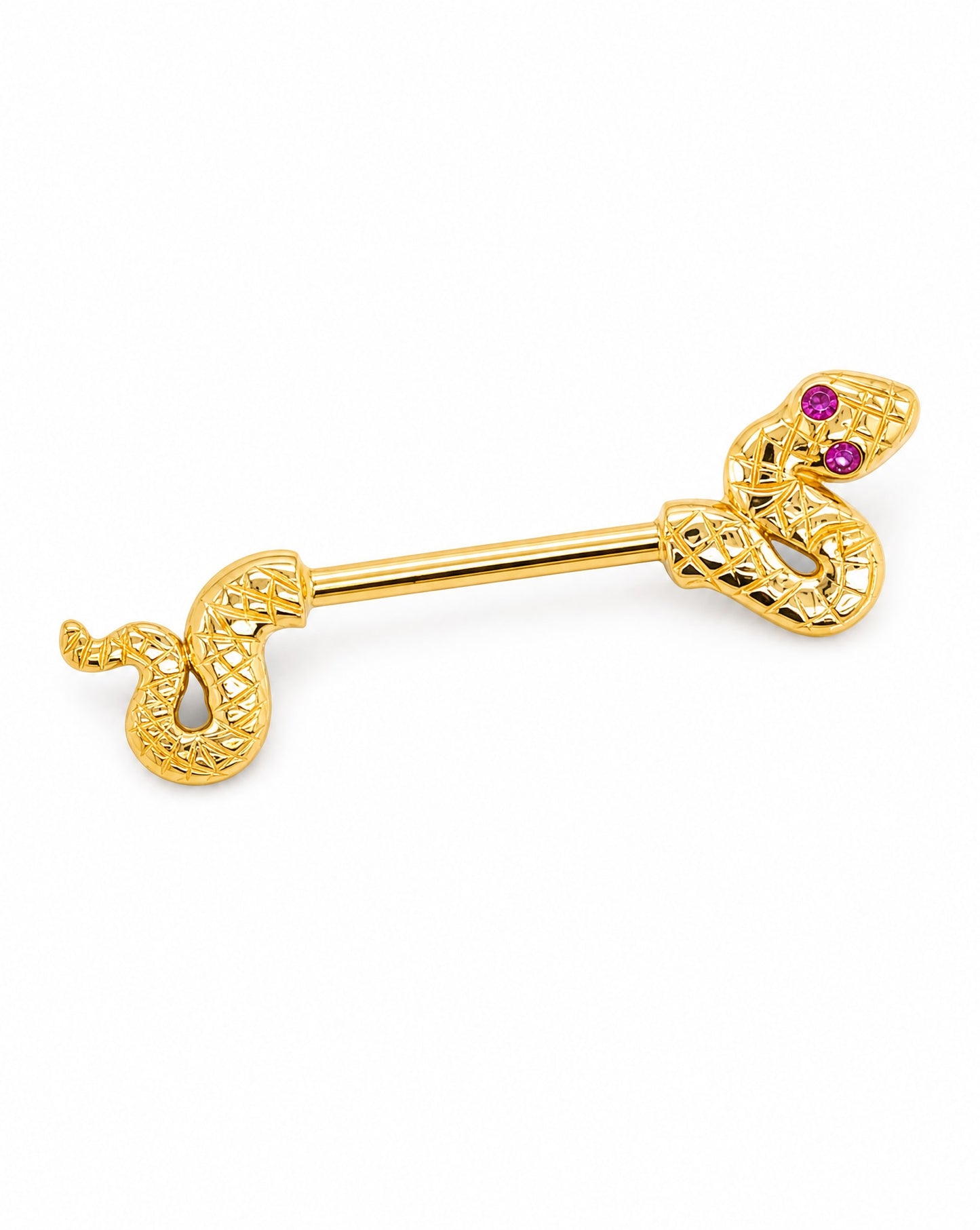 14K Yellow Gold Snake with Pink CZ Eyes Barbell Nipple Piercing