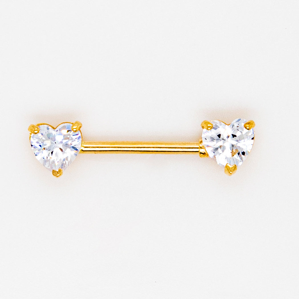 14K Yellow Gold Heart CZ Barbell Nipple Piercing