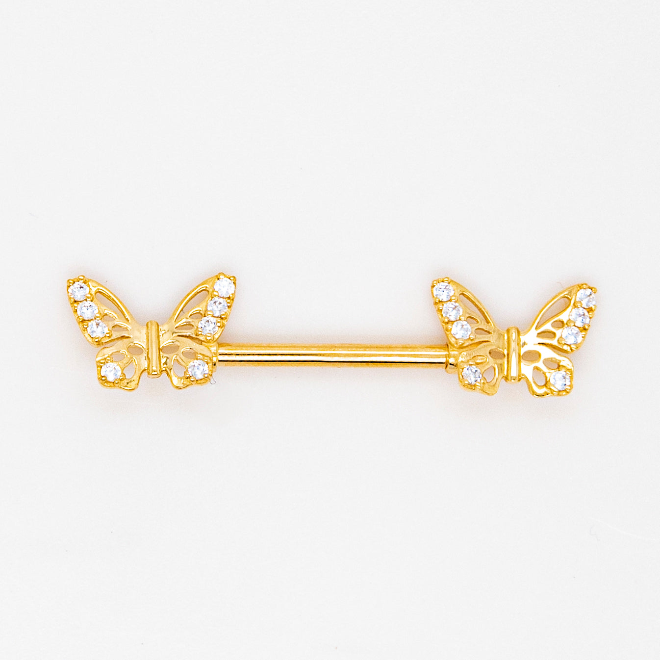 14K Yellow Gold Butterfly CZ Barbell Nipple Piercing