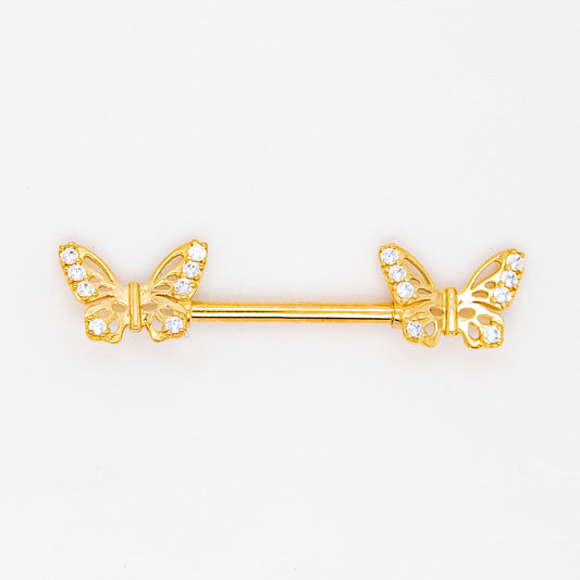 14K Yellow Gold Butterfly CZ Barbell Nipple Piercing