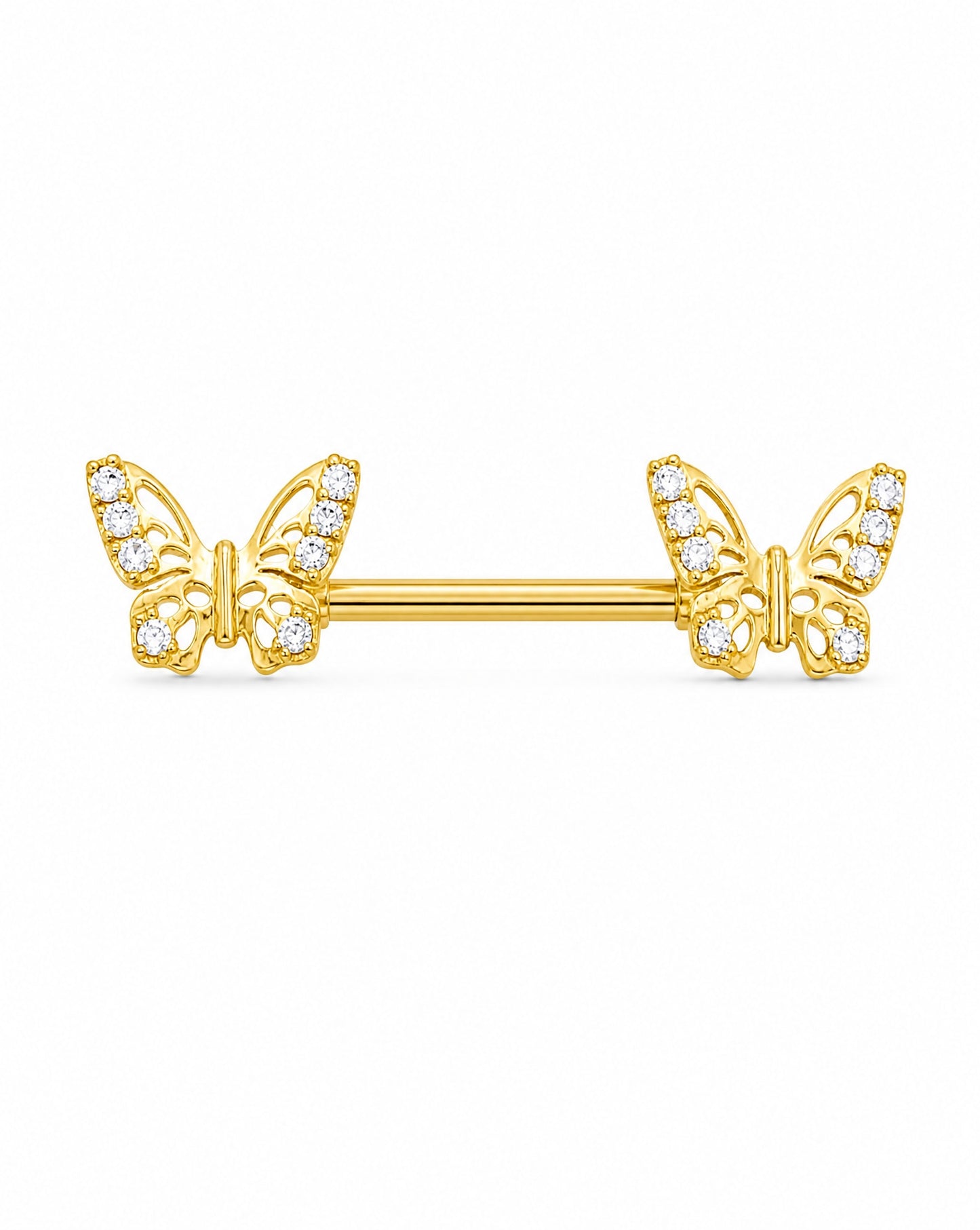 14K Yellow Gold Butterfly CZ Barbell Nipple Piercing
