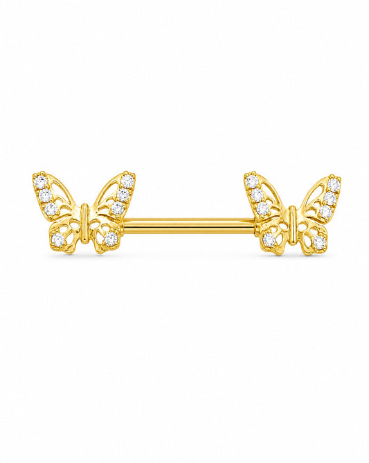 14K Yellow Gold Butterfly CZ Barbell Nipple Piercing