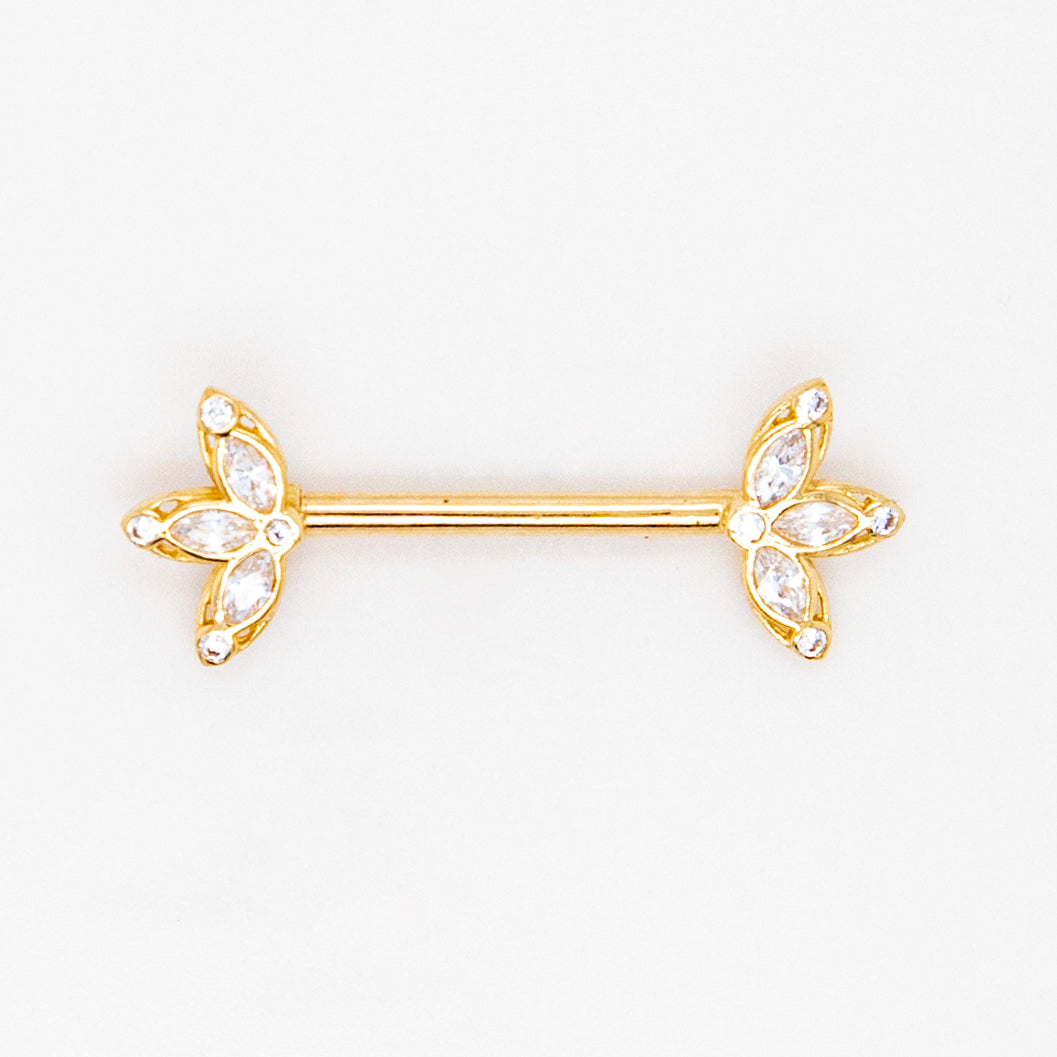 14K Yellow Gold Triple Marquise CZ Barbell Nipple Piercing