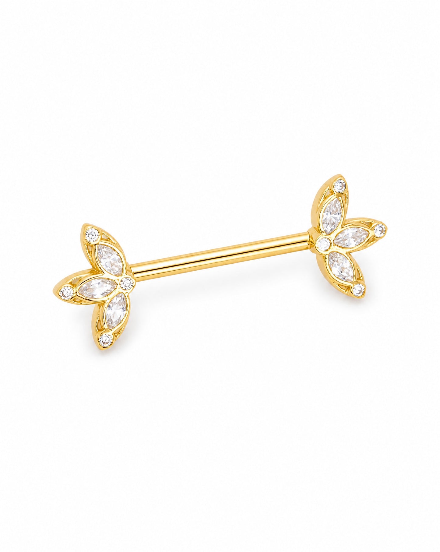 14K Yellow Gold Triple Marquise CZ Barbell Nipple Piercing