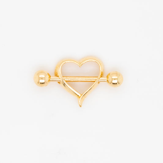 14K Yellow Gold Small Open Heart Barbell Nipple Piercing