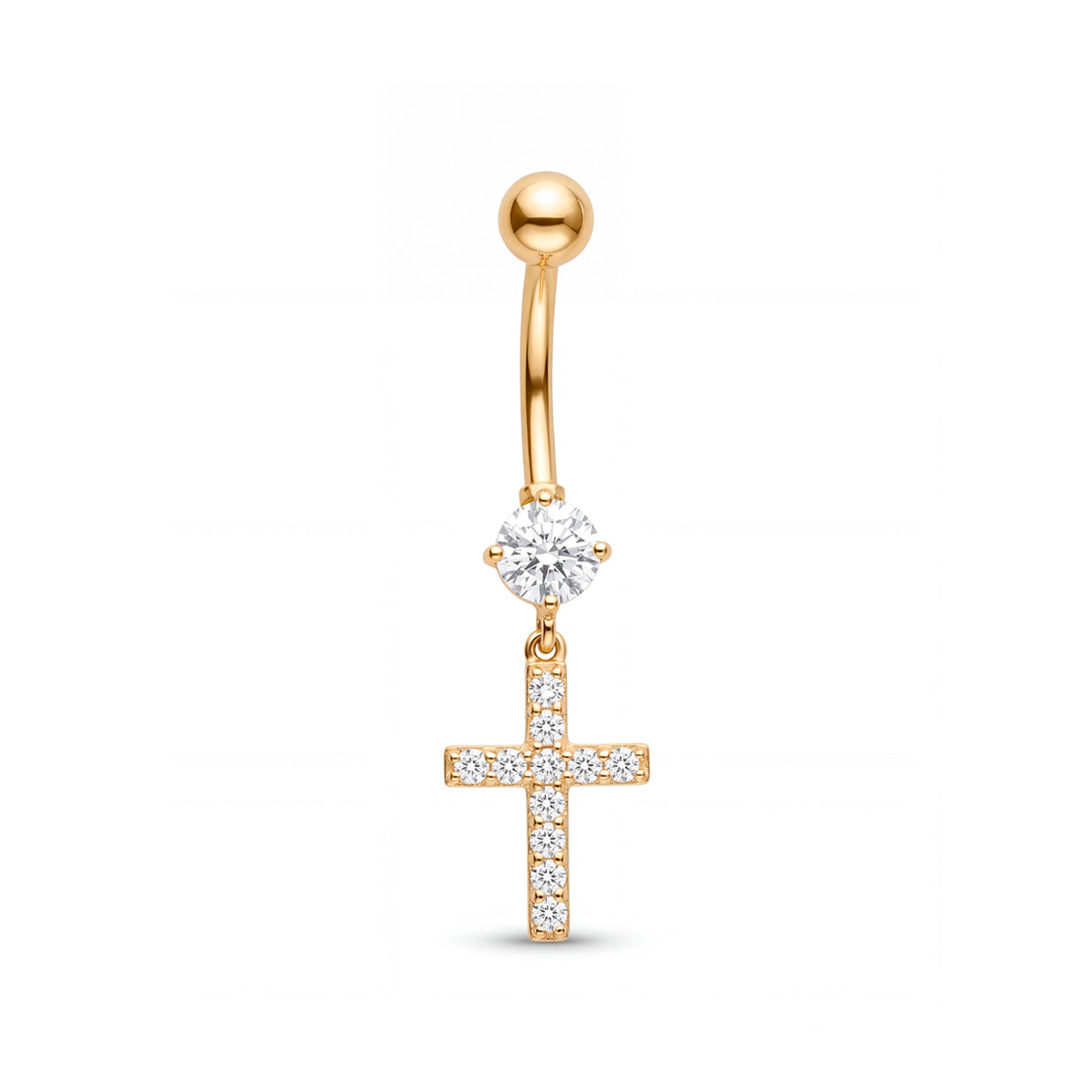 14K Yellow Gold White CZ Cross Drop Belly Ring