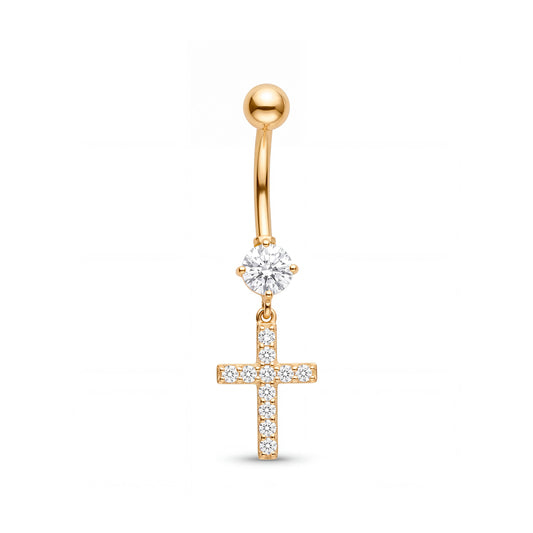 14K Yellow Gold White CZ Cross Drop Belly Ring