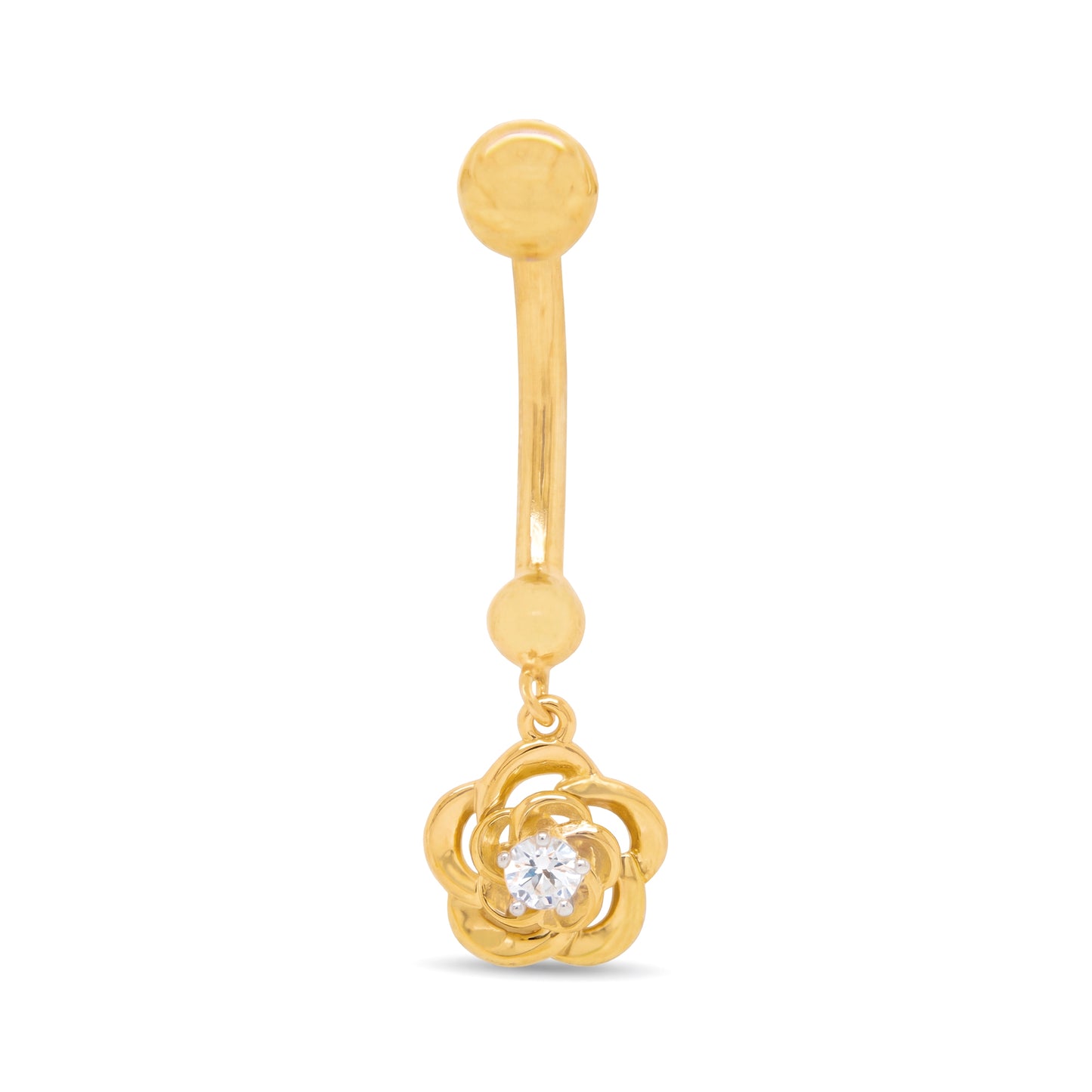 14K Yellow Gold Rose Dangle White CZ Belly Ring