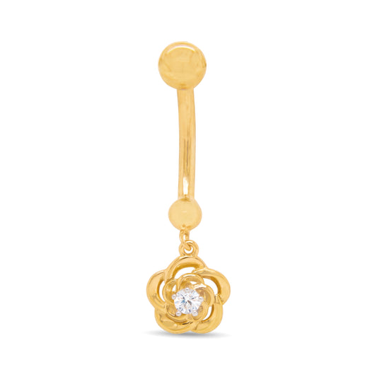 14K Yellow Gold Rose Dangle White CZ Belly Ring
