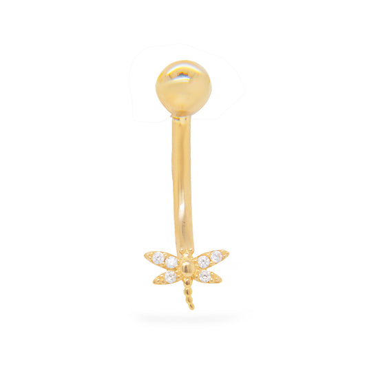 14K Yellow Gold White CZ Dragonfly Belly Ring