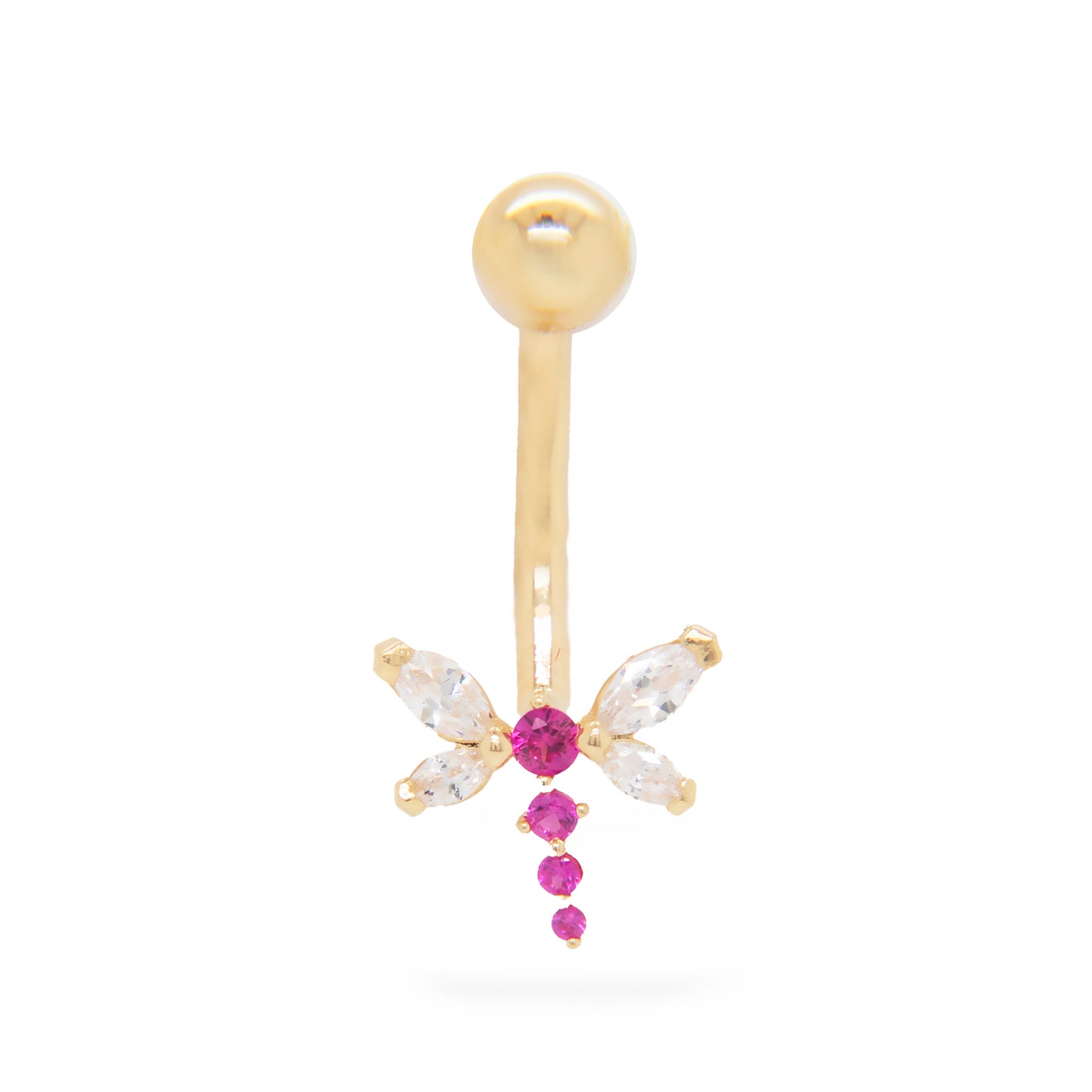 14K Yellow Gold White & Red CZ Dragonfly Belly Ring