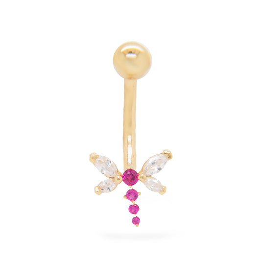 14K Yellow Gold White & Red CZ Dragonfly Belly Ring