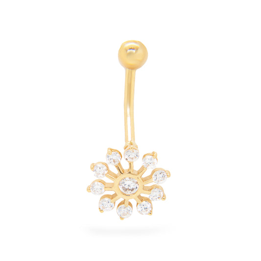 14K Yellow Gold Daisy Flower White CZ Belly Ring