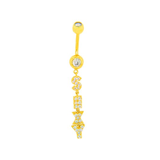 14K Yellow Gold White CZ Sexy Dangle Belly Ring