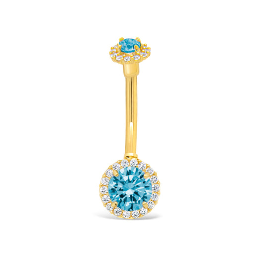 14K Yellow Gold Medium Light Blue CZ Solitaire & Cluster Top Belly Ring
