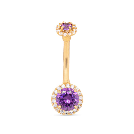 14K Yellow Gold Medium Purple CZ Solitaire & Cluster Top Belly Ring