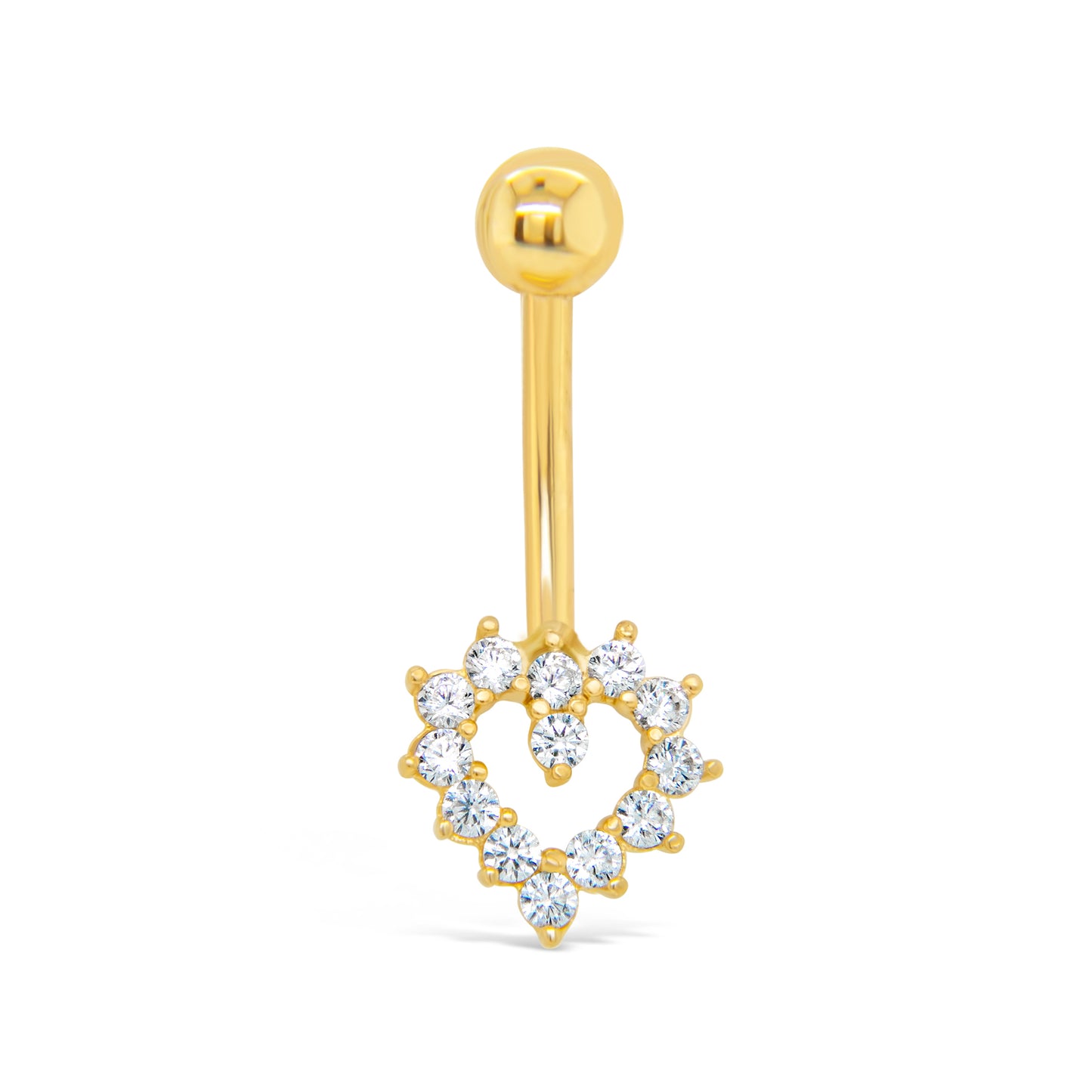 14K Yellow Gold White CZ Open Classic Heart Dangle Belly Ring