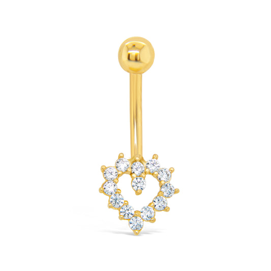 14K Yellow Gold White CZ Open Classic Heart Dangle Belly Ring