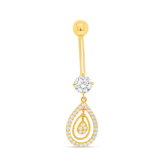 14K Yellow Gold White CZ Drop Teardrop Dangle Belly Ring
