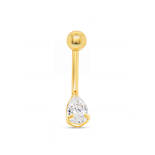 14K Yellow Gold Medium White CZ Teardrop Solitaire Belly Ring