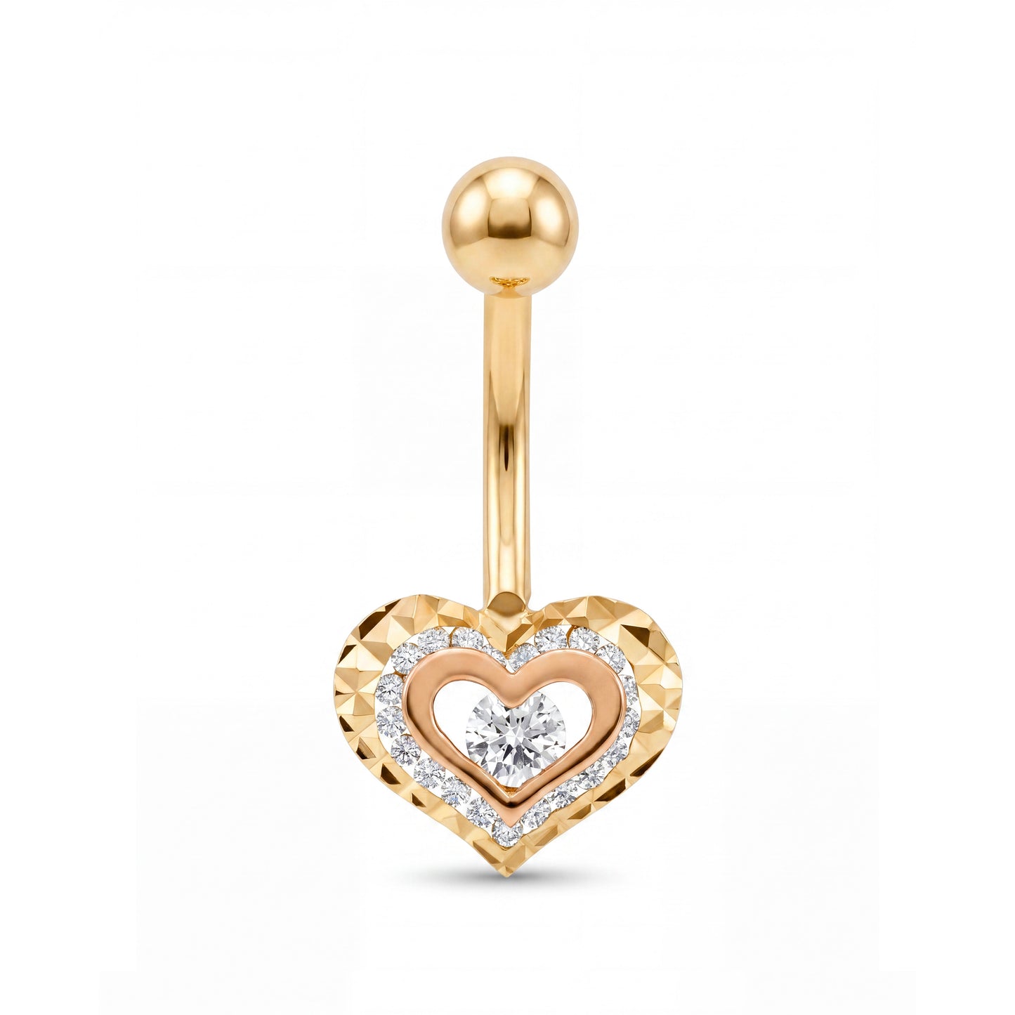 14K Yellow Gold Textured Heart with White CZ & Pink Accents Belly Ring