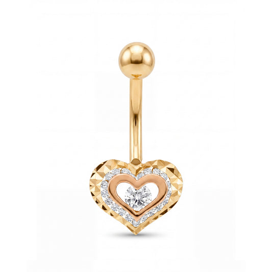 14K Yellow Gold Textured Heart with White CZ & Pink Accents Belly Ring