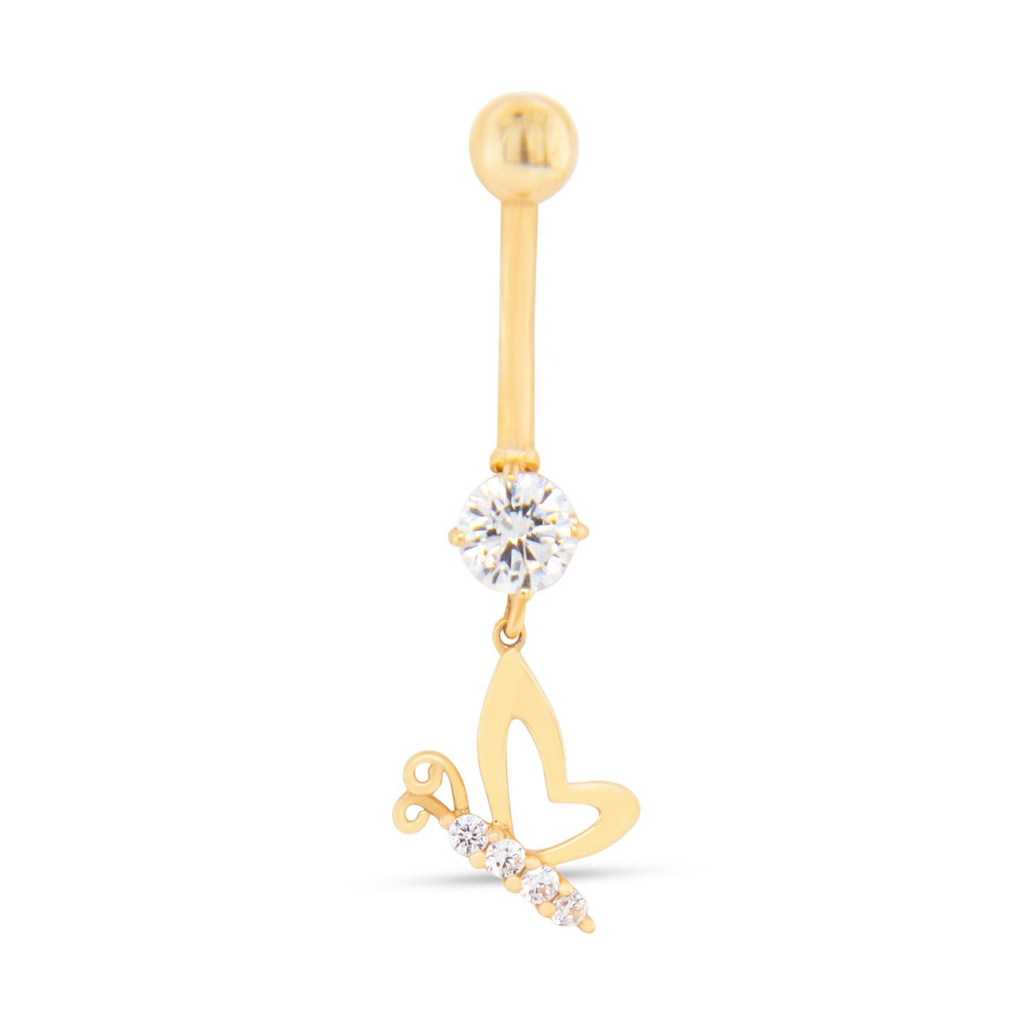 14K Yellow Gold Round White CZ & Butterfly Dangle Belly Ring