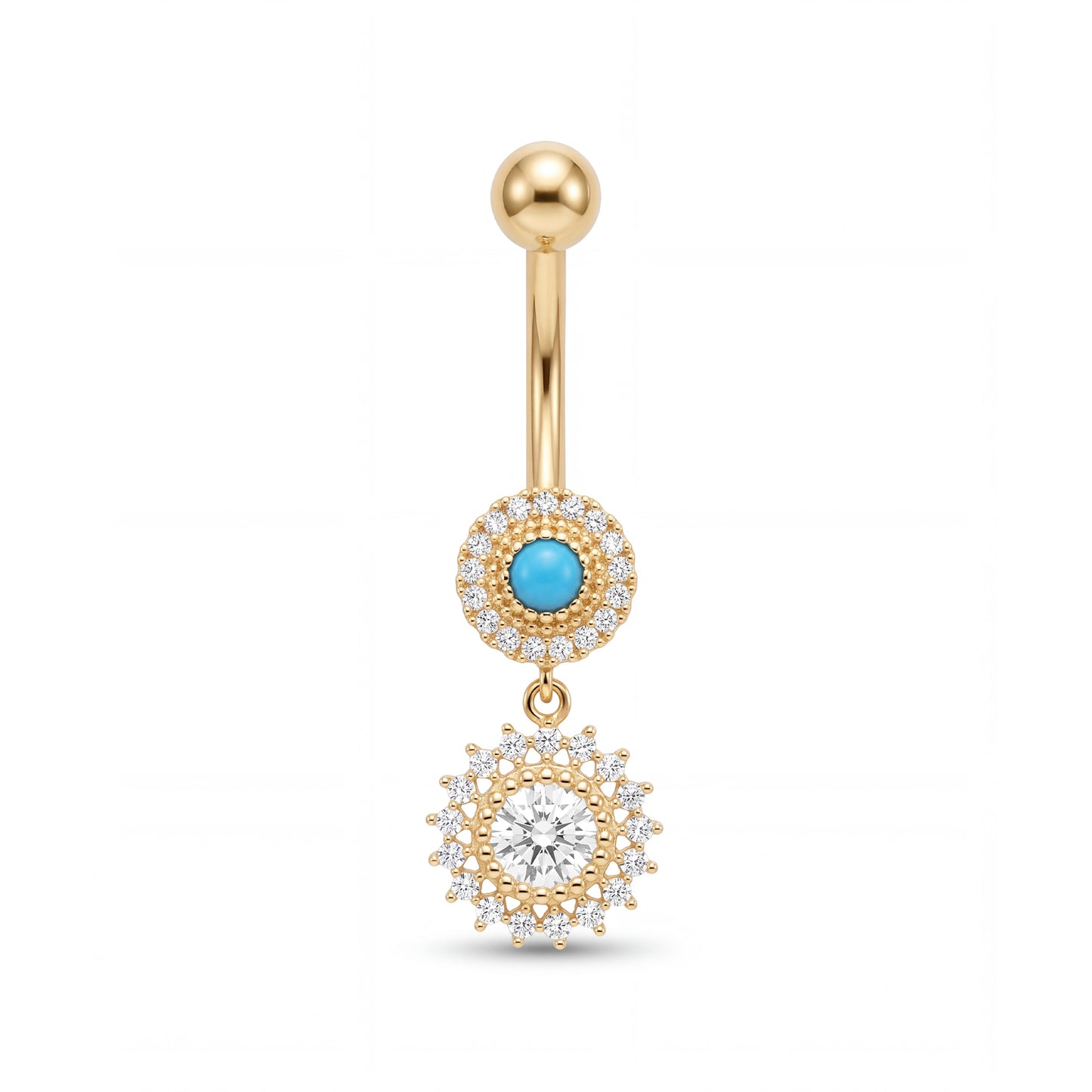 14K Yellow Gold Turquoise & Clear CZ Sunburst Dangle Belly Ring