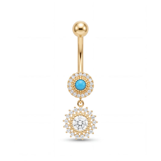 14K Yellow Gold Turquoise & Clear CZ Sunburst Dangle Belly Ring