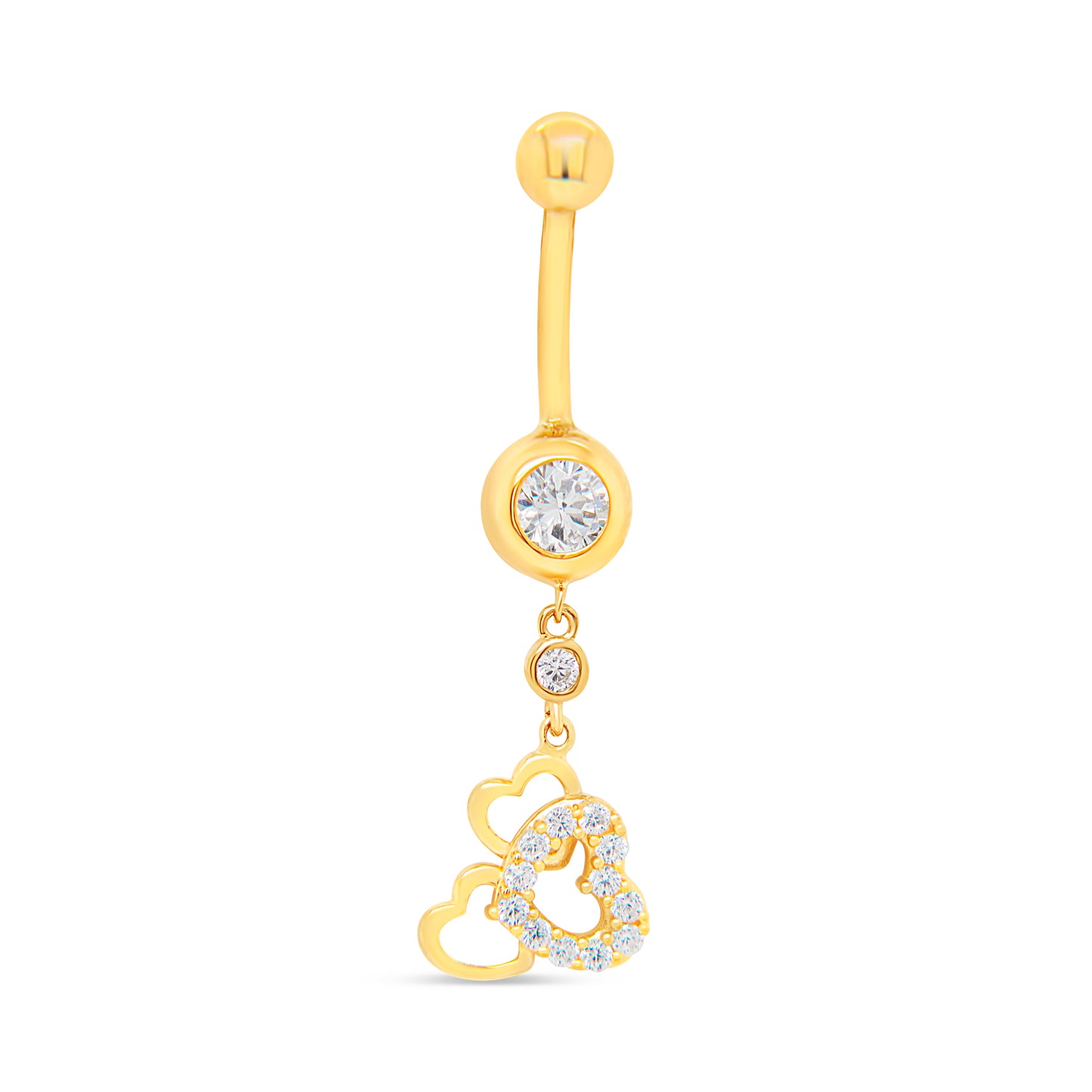 14K Yellow Gold White CZ Triple Drop Layered Heart Dangle Belly Ring
