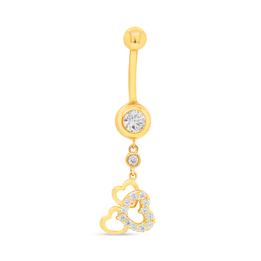 14K Yellow Gold White CZ Triple Drop Layered Heart Dangle Belly Ring