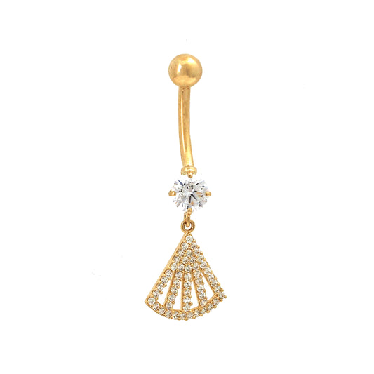 14K Yellow Gold White CZ Fan Dangle Belly Ring