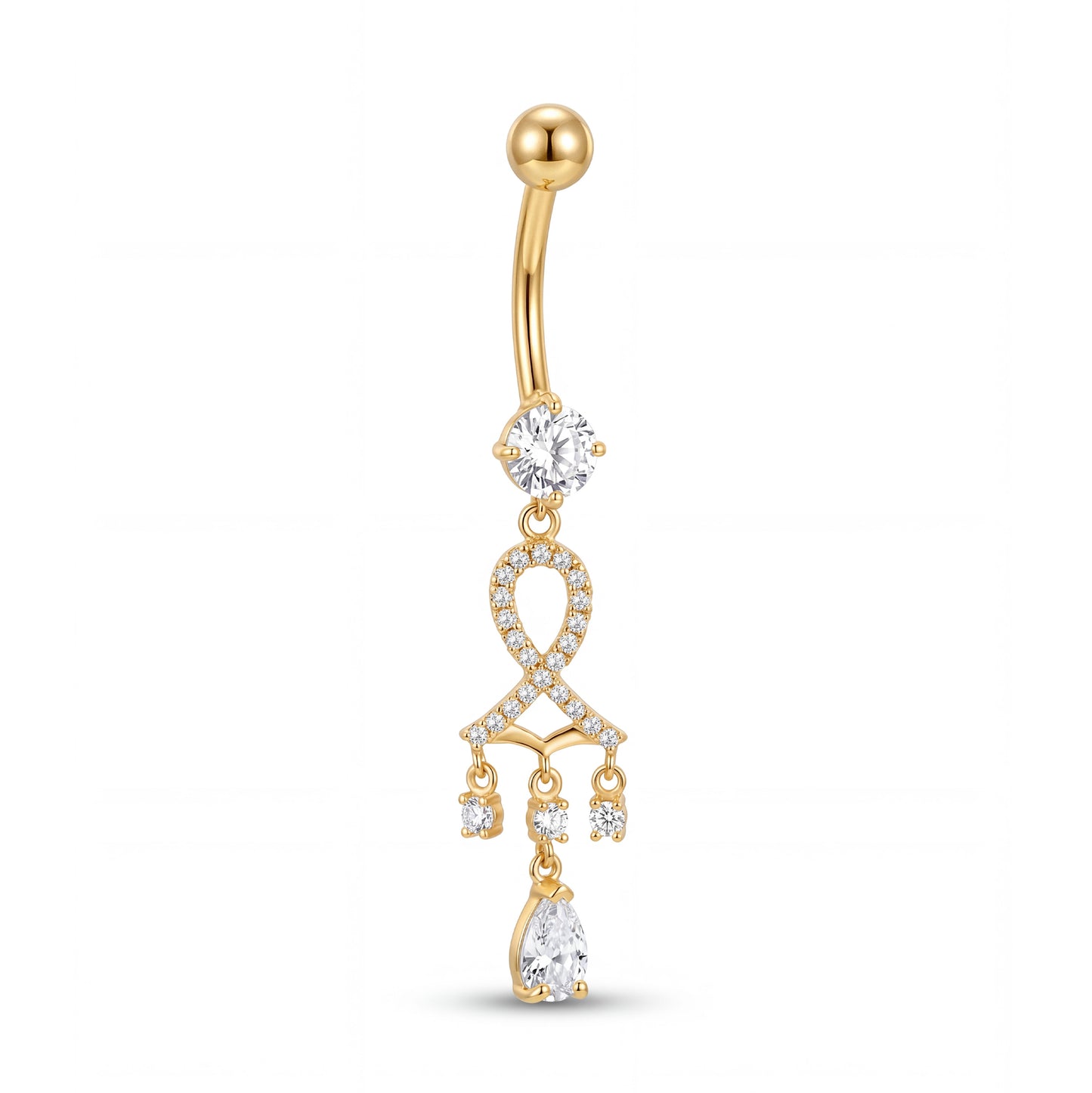 14K Yellow Gold White CZ Knot Dangle Teardrop Charm Belly Ring