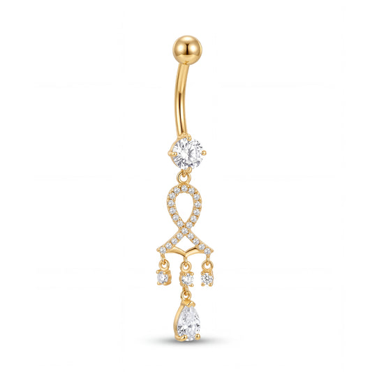 14K Yellow Gold White CZ Knot Dangle Teardrop Charm Belly Ring