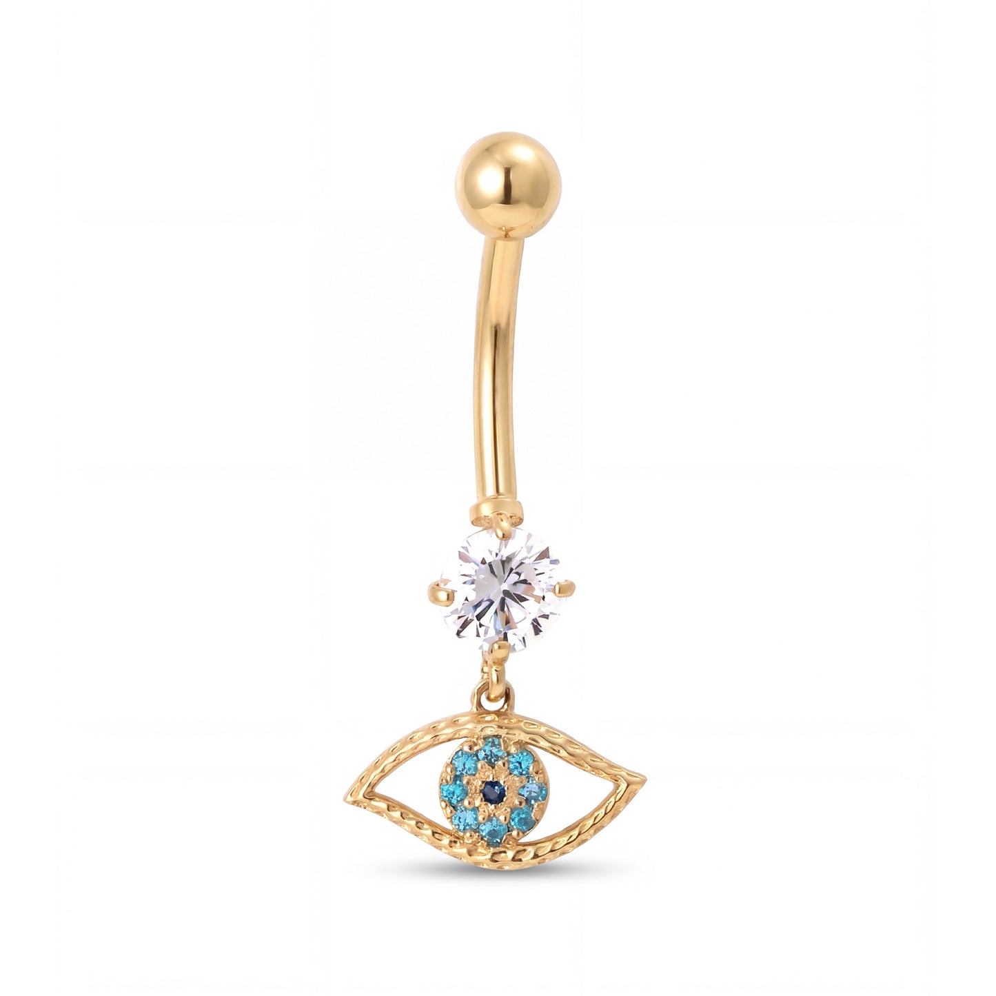 14K Yellow Gold White & Blue CZ Open Evil Eye Dangle Belly Ring