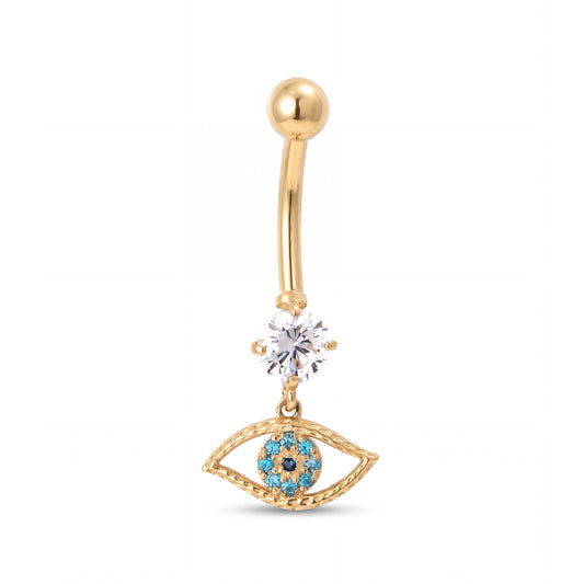 14K Yellow Gold White & Blue CZ Open Evil Eye Dangle Belly Ring
