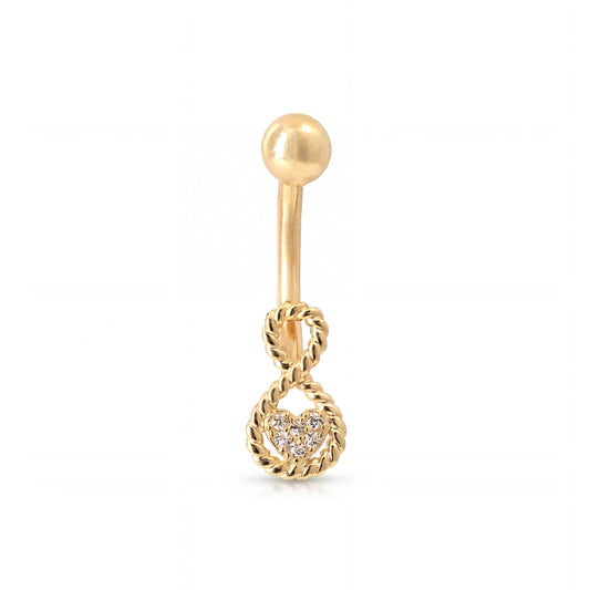 14K Yellow Gold White CZ Rope Infinity Heart Dangle Belly Ring